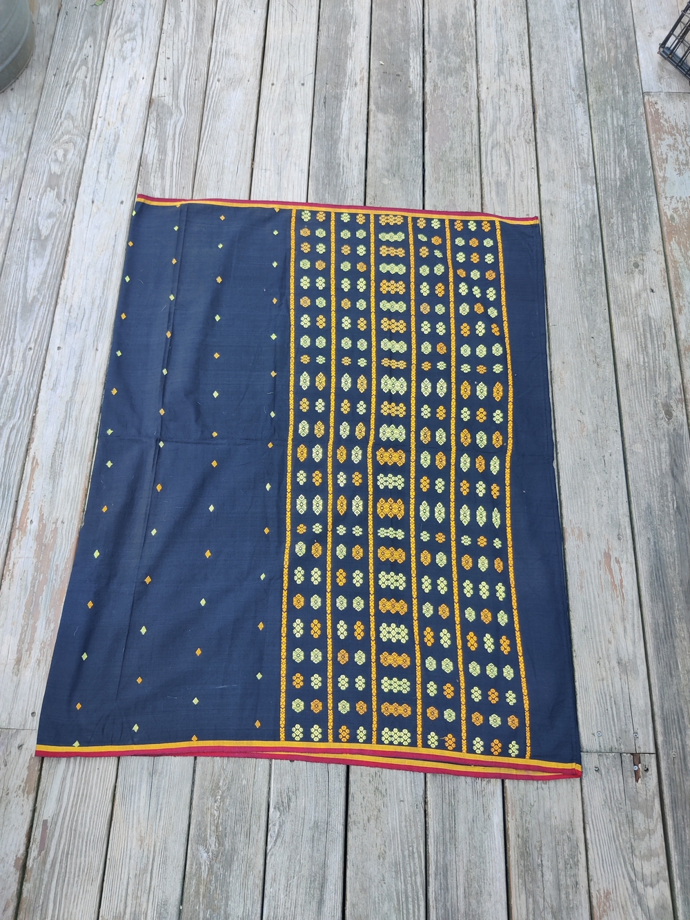 VTG Woven Embroidered Textile Fabric Linen 80" x 50" Black Yellow Tribal Ethnic